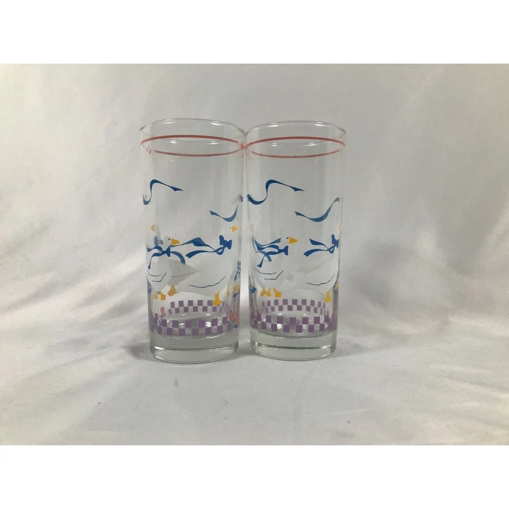 Vintage 80s Country Goose Drinking Glasses White Blue Ribbon Hearts Set of 2
